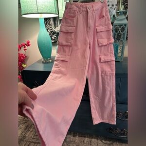 SHEIN Pink Denim Cargo Wide-Leg Pants Pockets Women’s XSM Sz 2 Inseam 30.5”